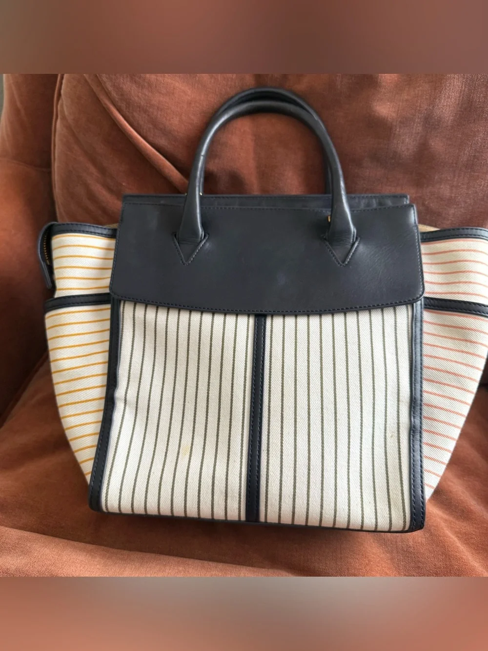 Veronica Beard Black and White Striped Satchel with Gold Lock